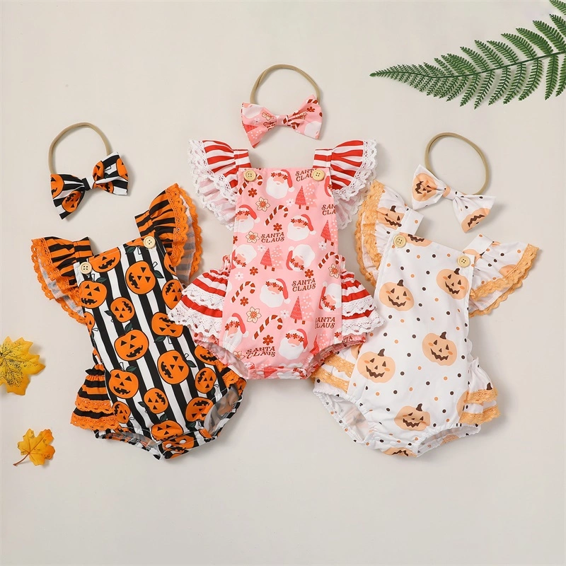 Girl Halloween Pumpkin Print Flying Sleeve Romper + Bow Headband