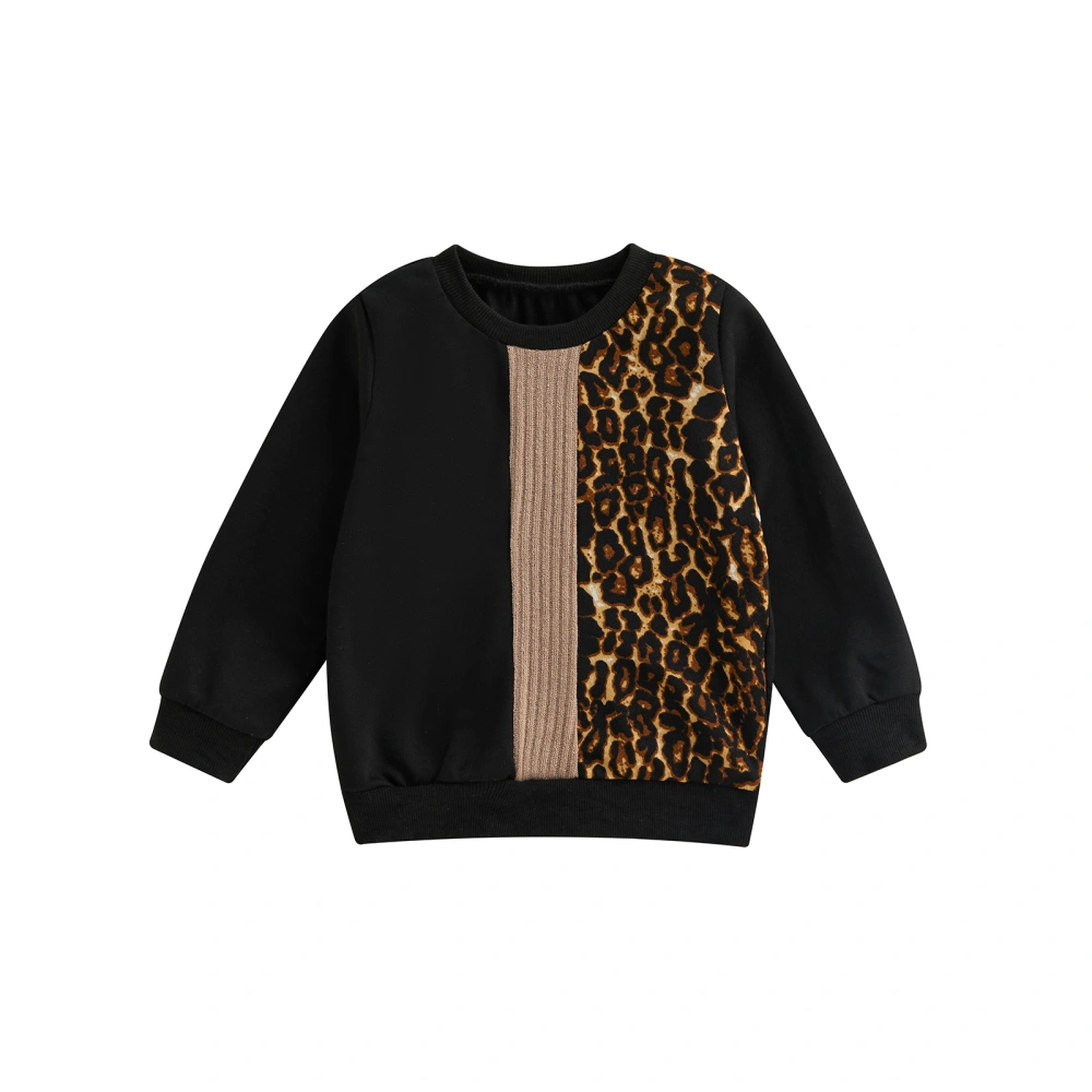 Girls Sweatshirts Leopard Ribbed Patchwork Round Neck Hoodies