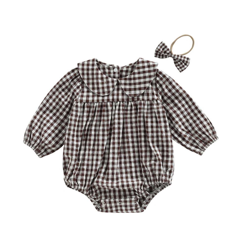 Infant Girls Plaid Print Long Sleeve Doll Collar Romper + Bow Headband