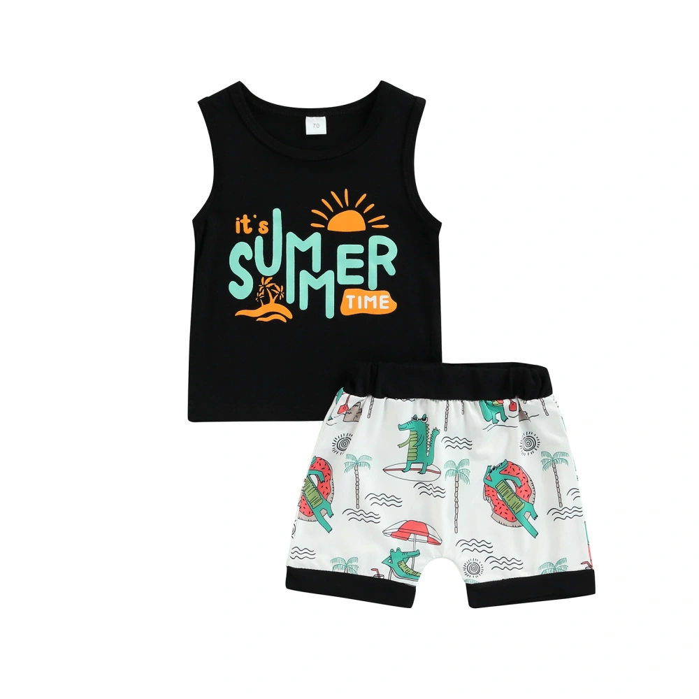 Infant Boys Printed Clothes Set, Round Neck Vest + Patchwork Shorts