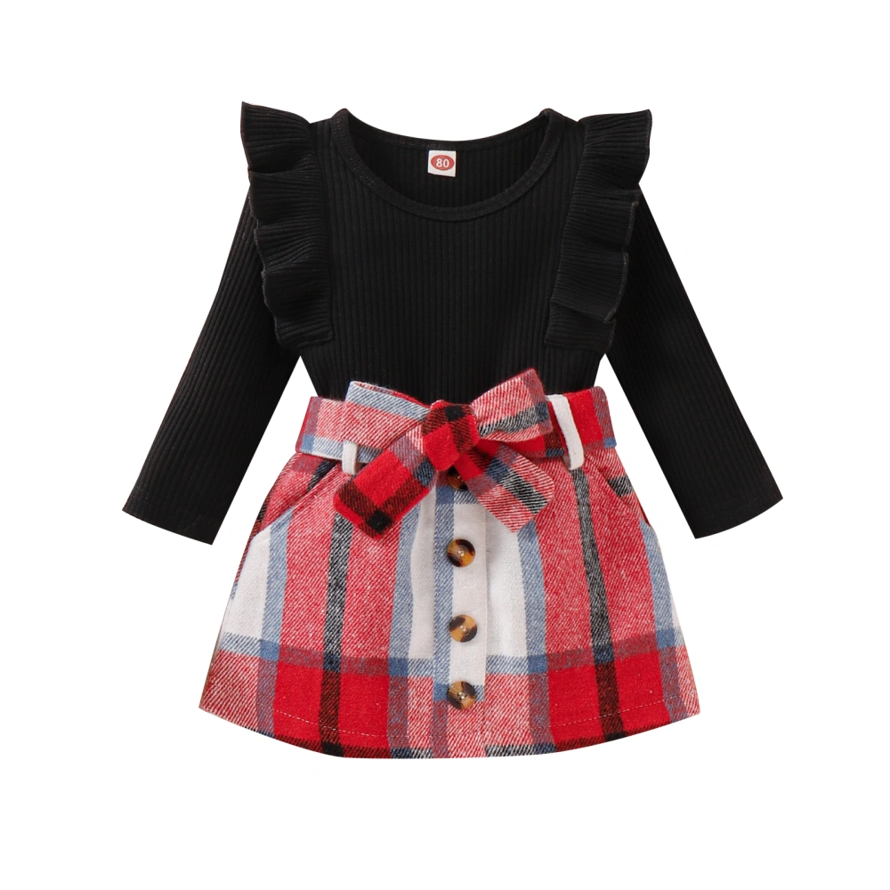 Girls Solid Color Long Sleeve Ruffle Tops + Plaid Skirt with Belt