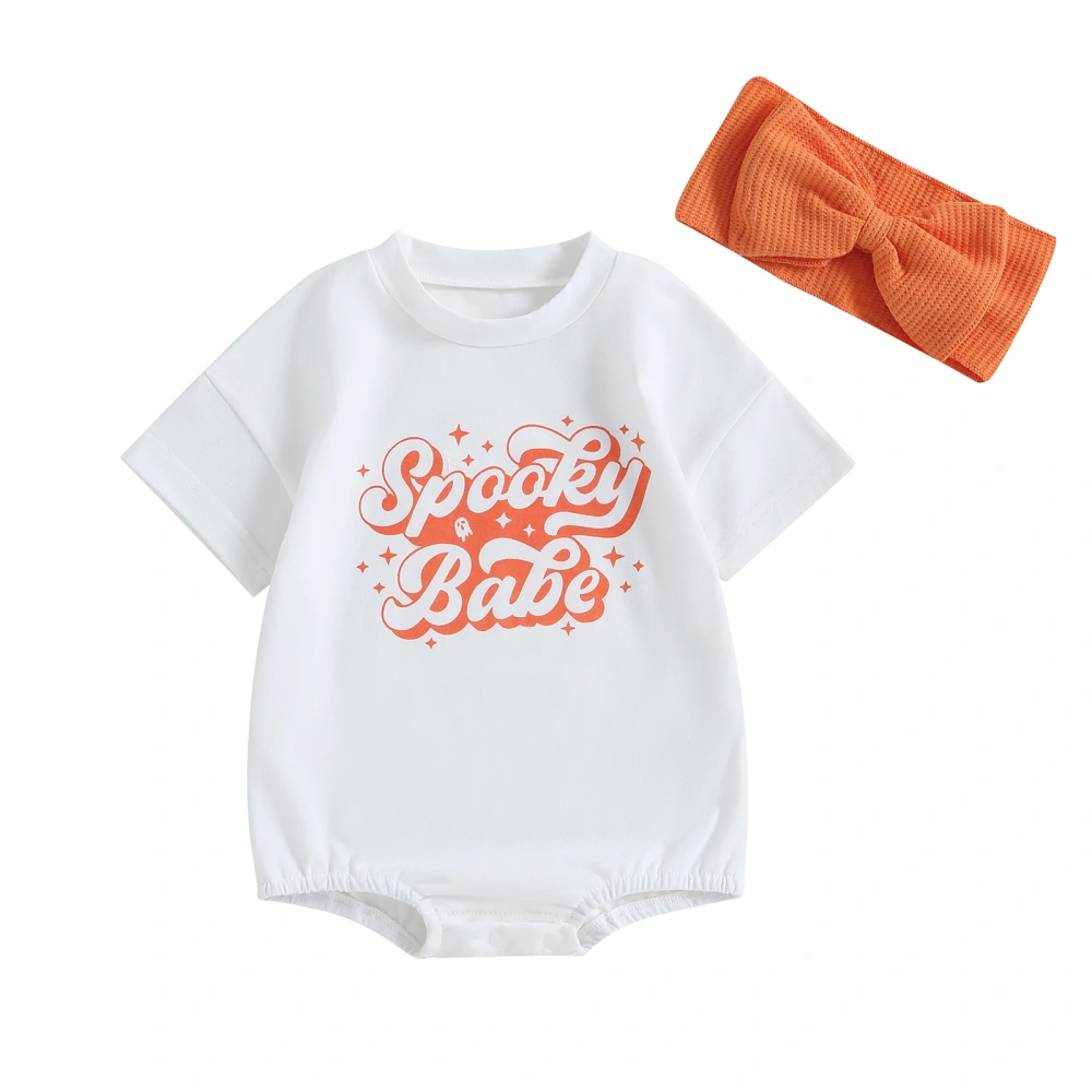 Newborn Girl Halloween Outfit Short Sleeve Letters Romper Hairband