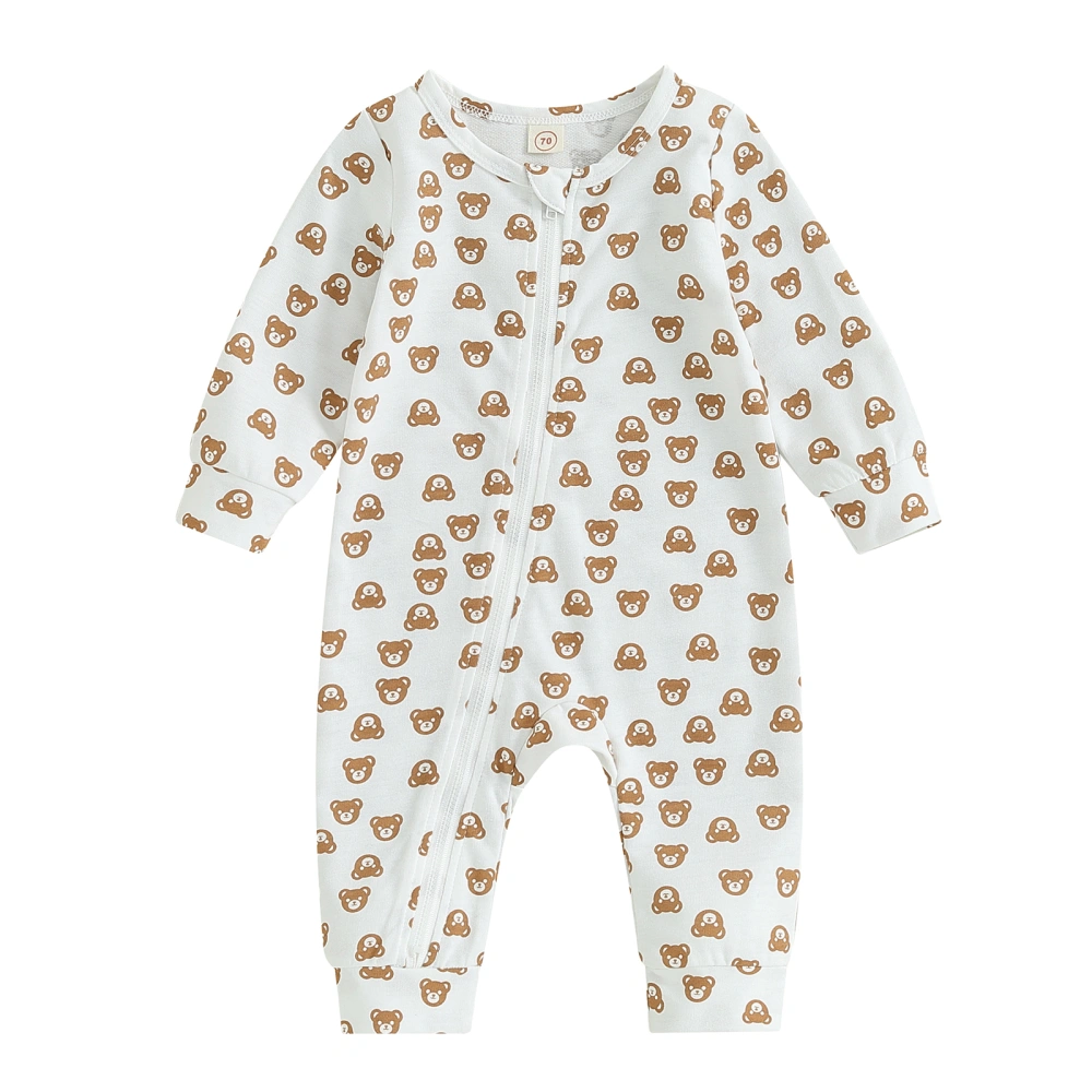 Baby Jumpsuit, Long Sleeve Crew Neck Bear Print Zipper Closure Romper