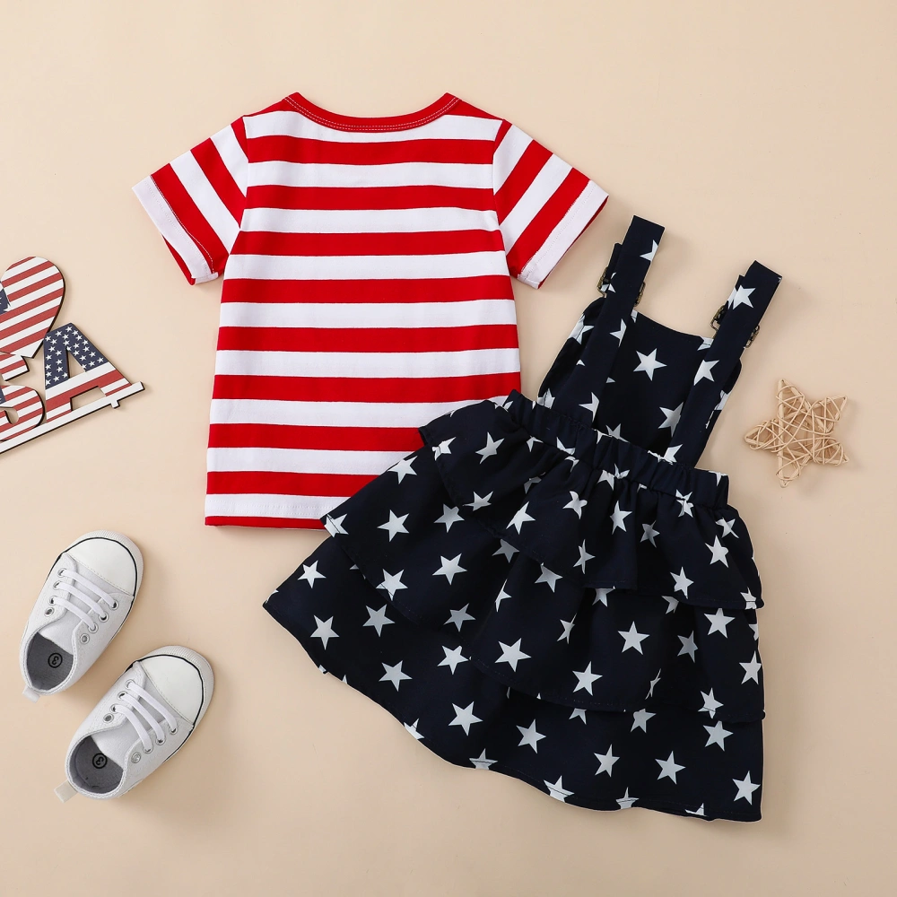 Girls Red/Striped Short Sleeve Tops + Stars Print Suspender Skirt