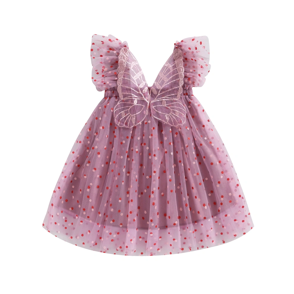 Toddler Girl Summer Short Sleeve Dot Print Butterfly Decor Tulle Dress