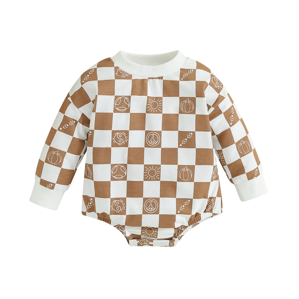 Baby Boys Long Sleeve Crew Neck Sun Pumpkin Print Plaid Romper