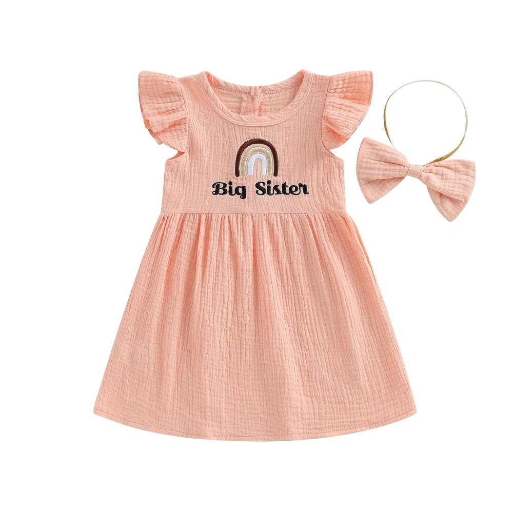 Girl Pink Flying Sleeve Letter Rainbow Print Party Dress with Headband