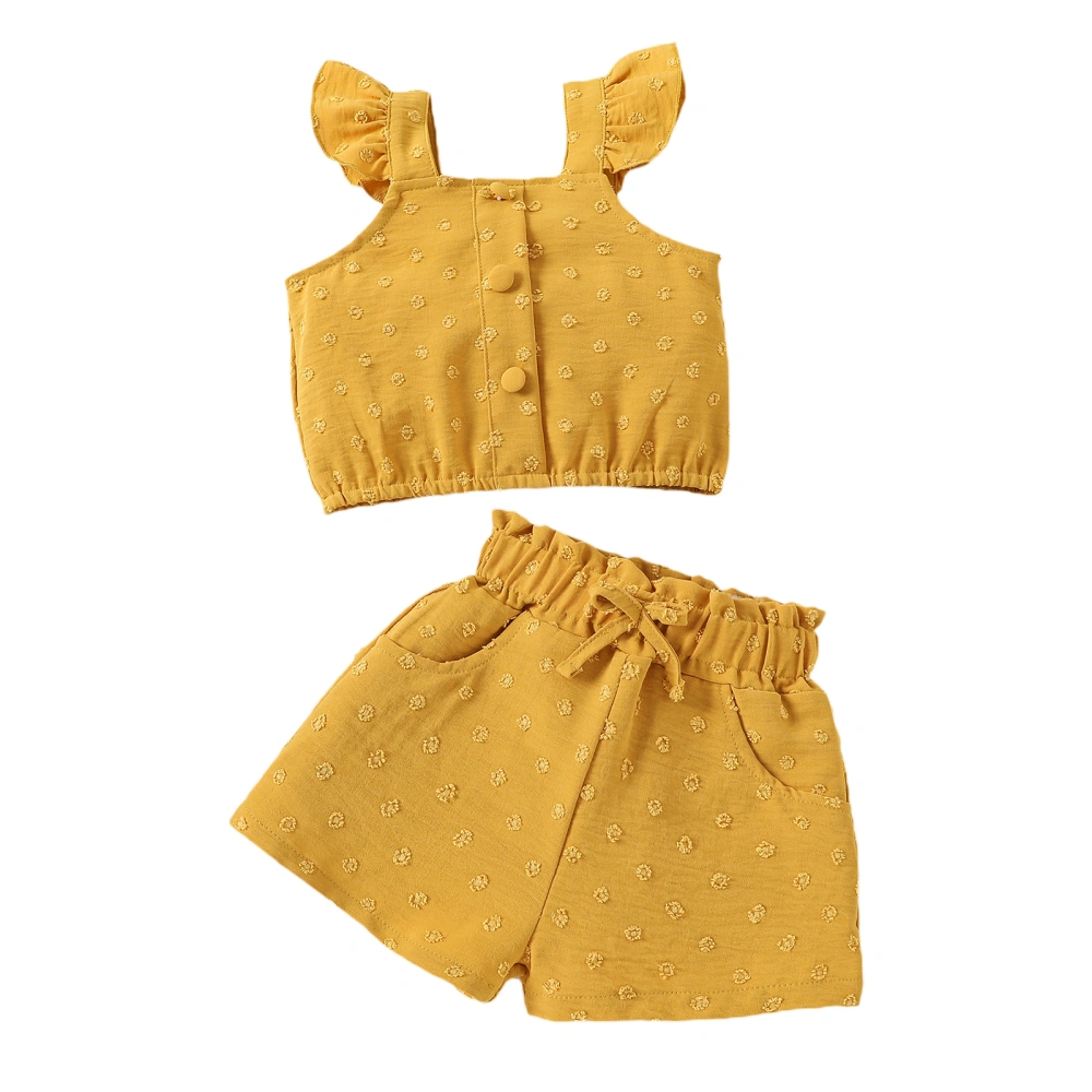 Girls Sleeveless Button Sling Vest + Yellow Drawstring Shorts