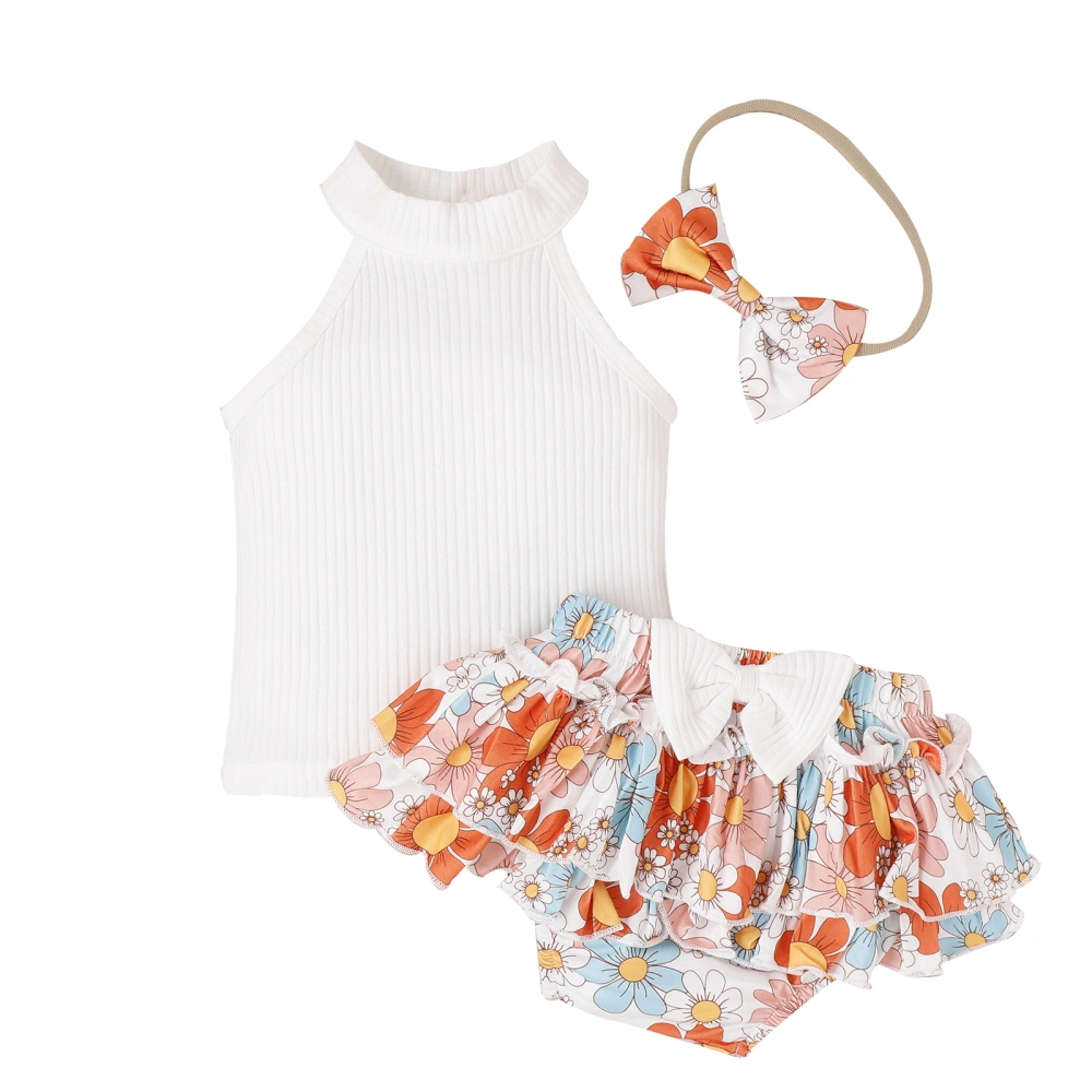 Baby Girls Vest + Ruffled Flower Short Trousers + Head Band 