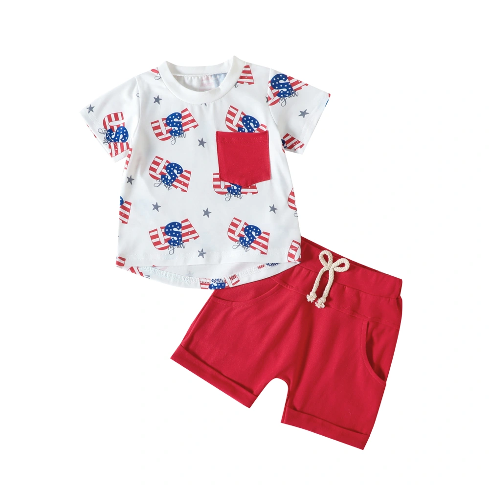 Toddler Boys Short Sleeve Letter Print Tops + Red Drawstring Shorts