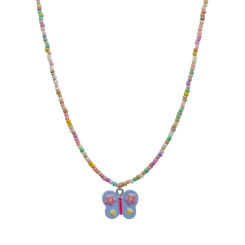 Women Barbie Necklace Butterfly Charm Pendant Colorful Beaded Necklace