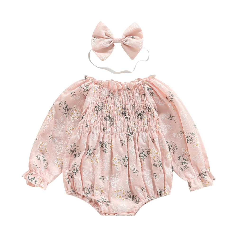 Baby Girls Romper Set, Long Sleeve Pleated Floral Romper + Hairband