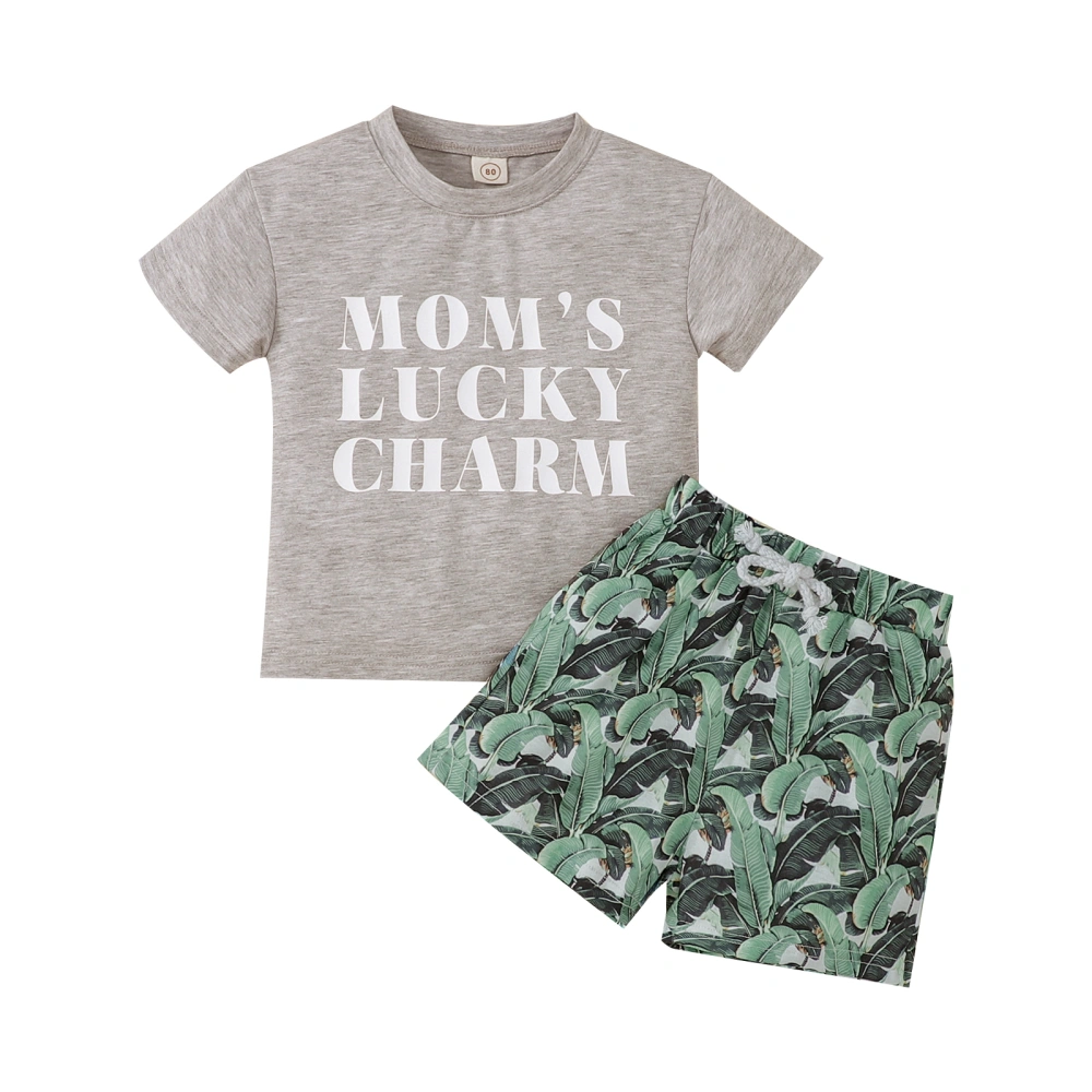 Boys Shorts Suit Letter Print Short Sleeve T-shirt Leaf-print Shorts