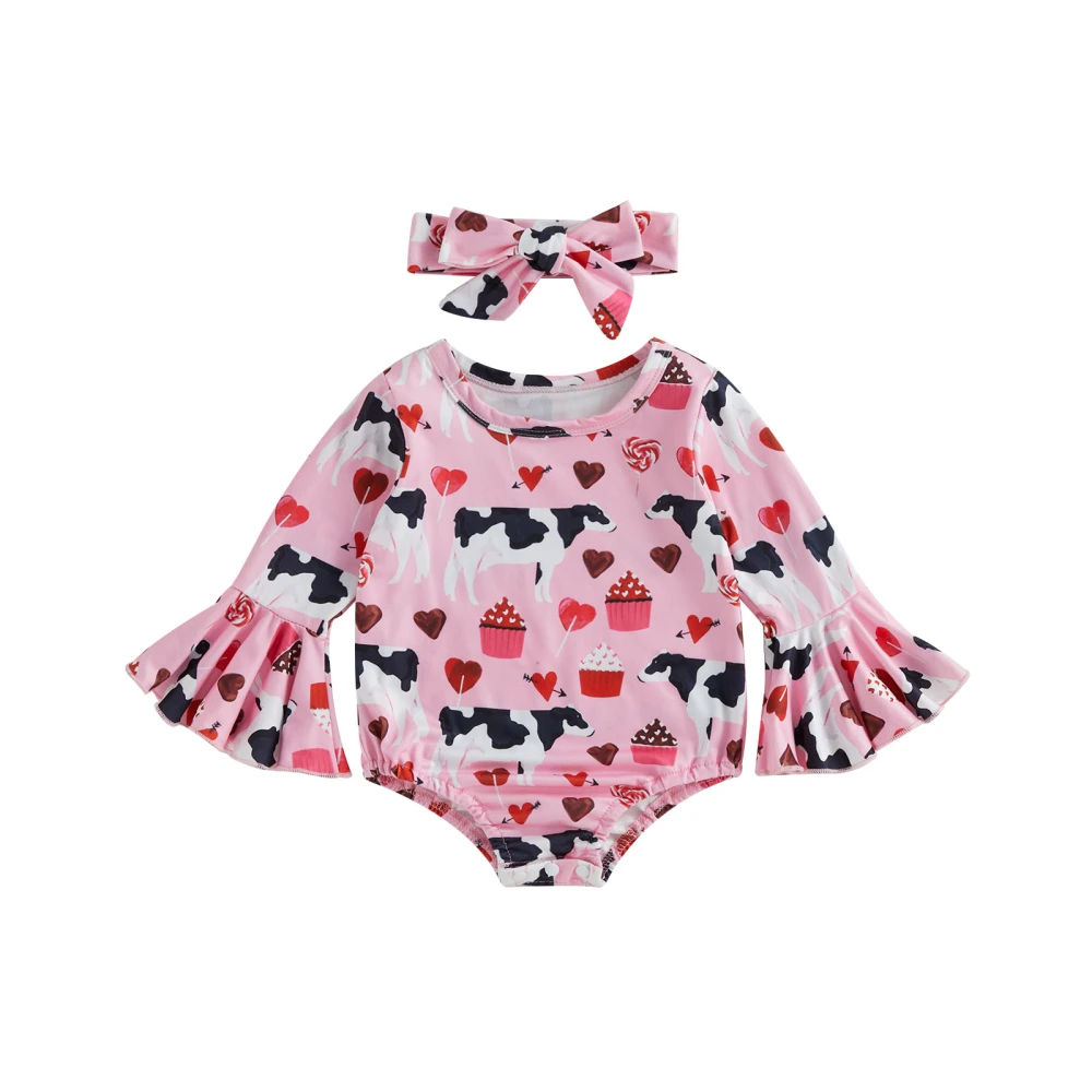 Baby Girls Flared Sleeve Heart and Cow Print Romper with Headband