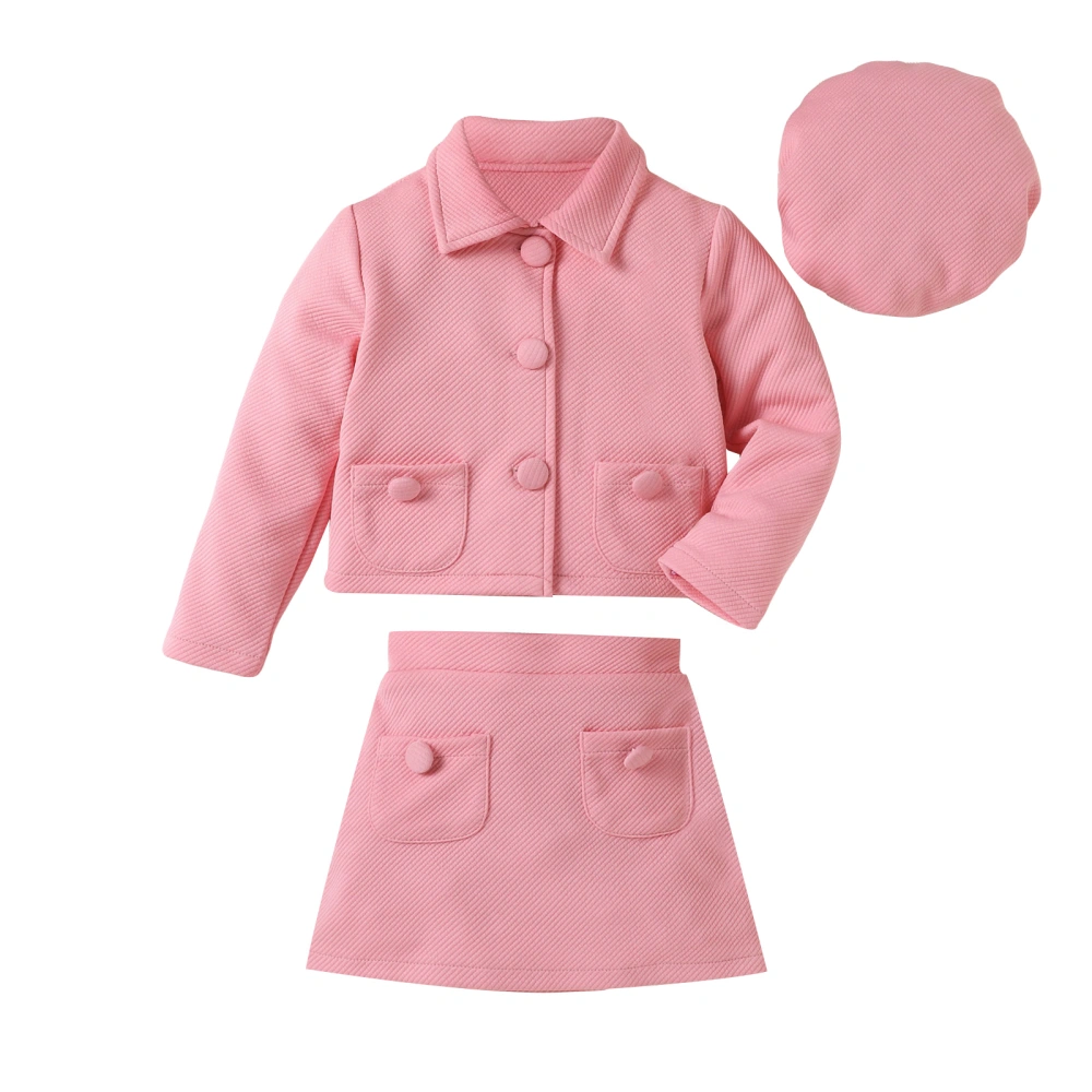 Girl's Autumn Pink Long Sleeve Lapel Coat Pink Button Skirt Beret Set