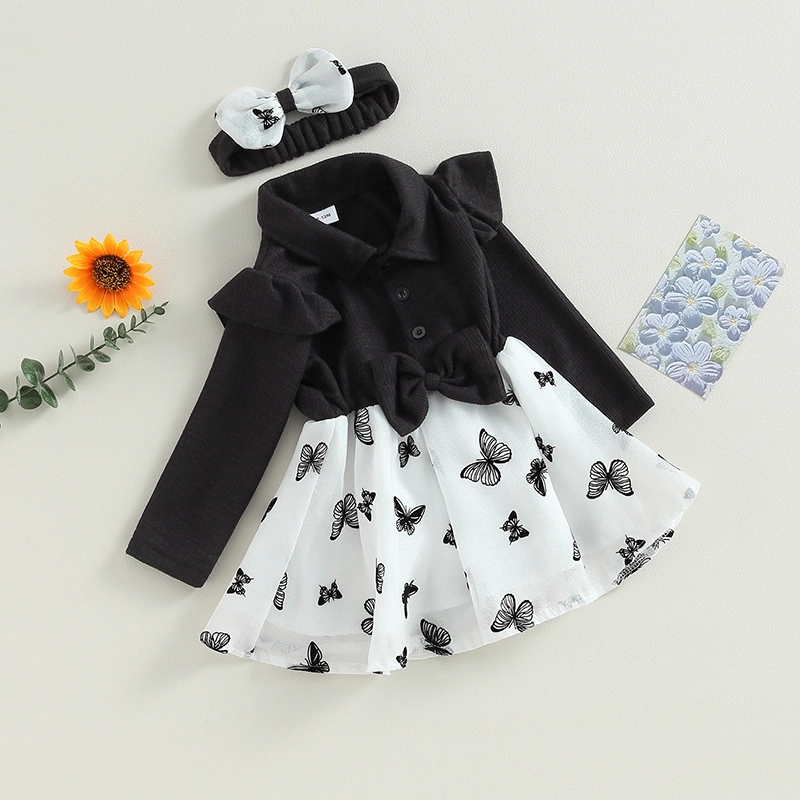 Baby Girl 2-piece Outfit, Long Sleeve Butterfly Dress with Headband