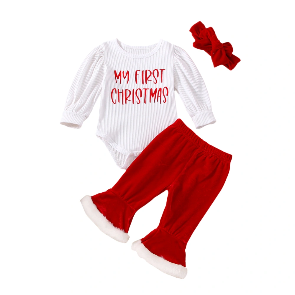 Baby Girl Christmas Outfits, Romper + Velvet Pants + Headband Set