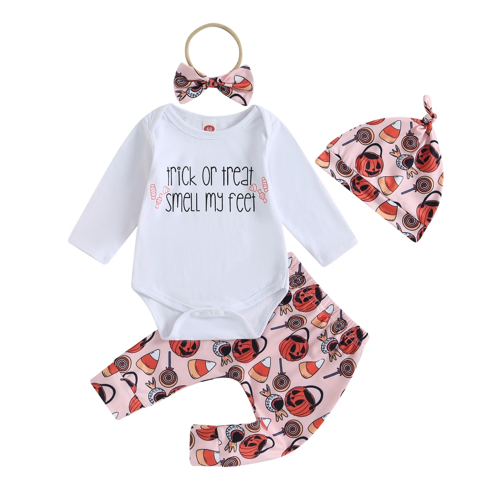 Girls Halloween Outfit, Letters Romper Food Print Pants Headband Hat