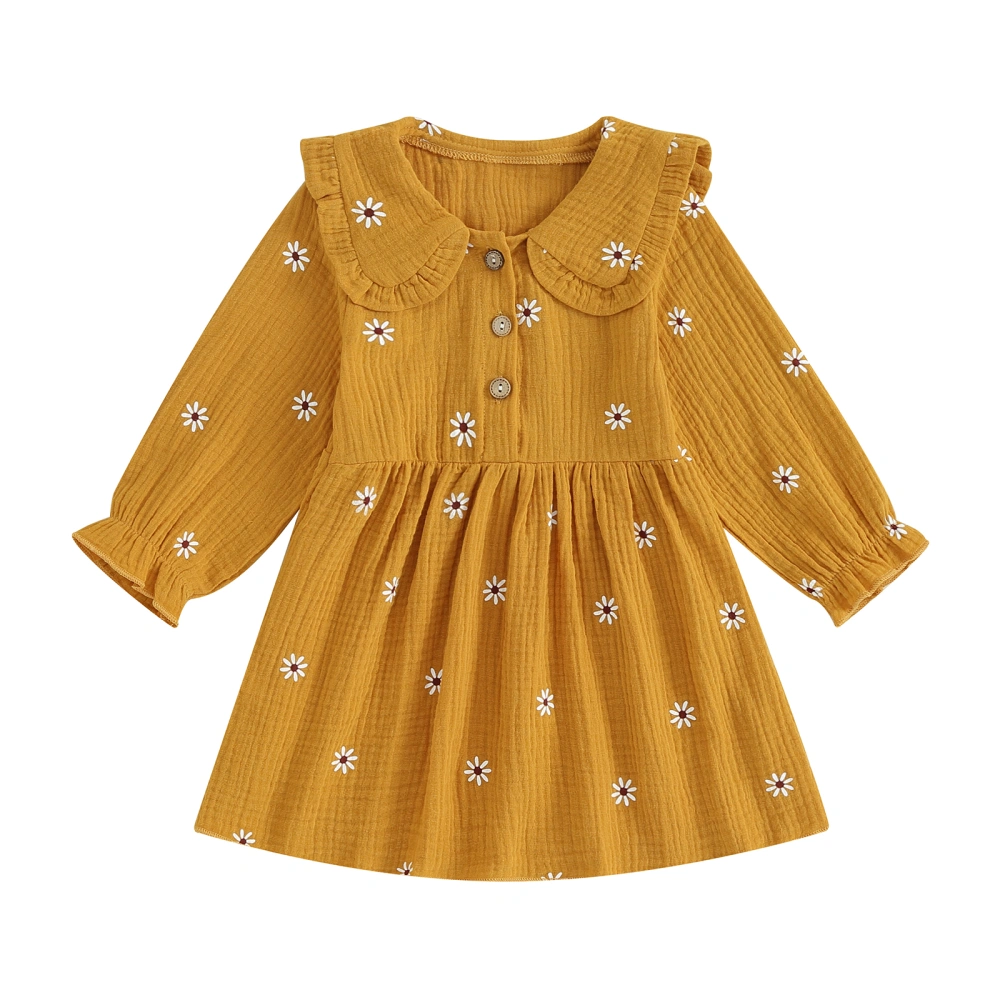 Kids Girls Dress Floral Print Buttons Doll Collar Long Sleeve Dress