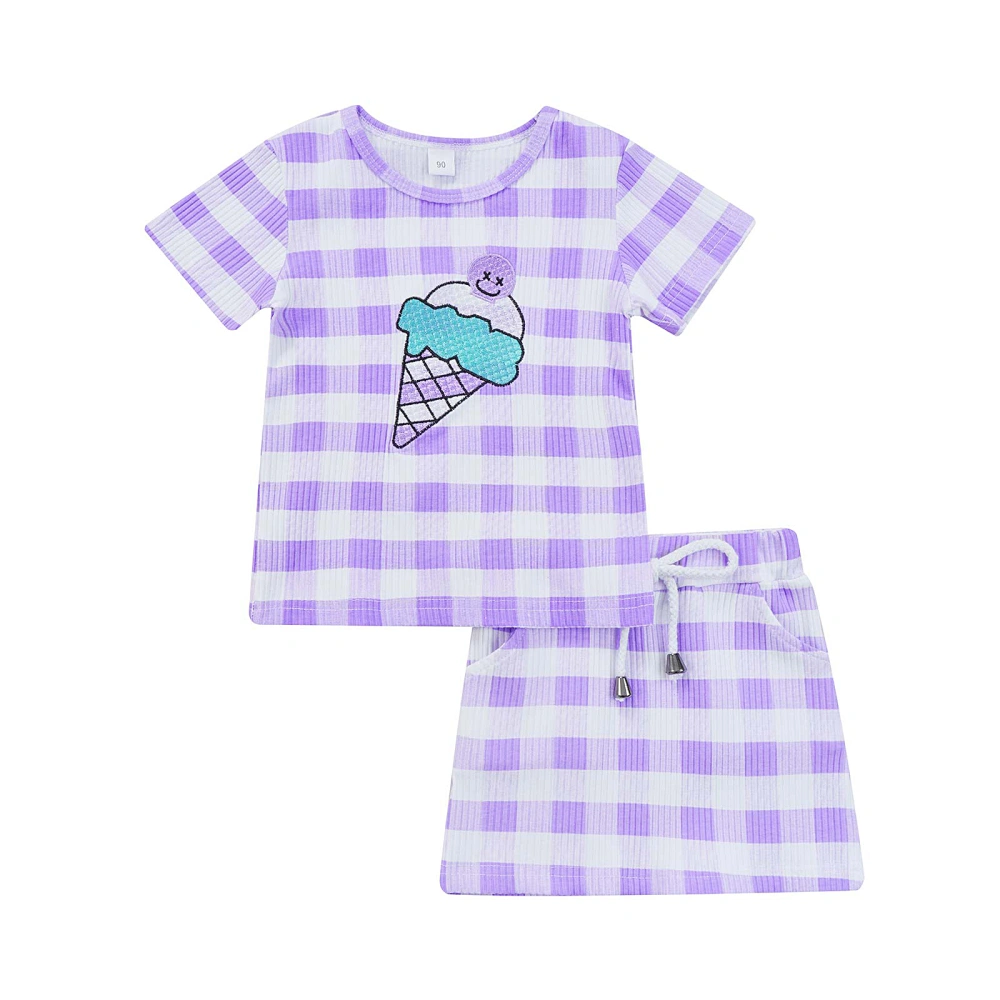 Baby Short Sleeve Tops + Skirt, Plaid Pattern Cute Ice Cream Clothing