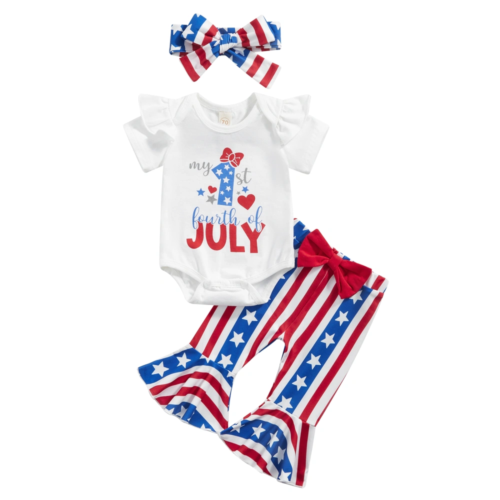 Girls Letter Print Romper + Stars Striped Flared Pants + Headband