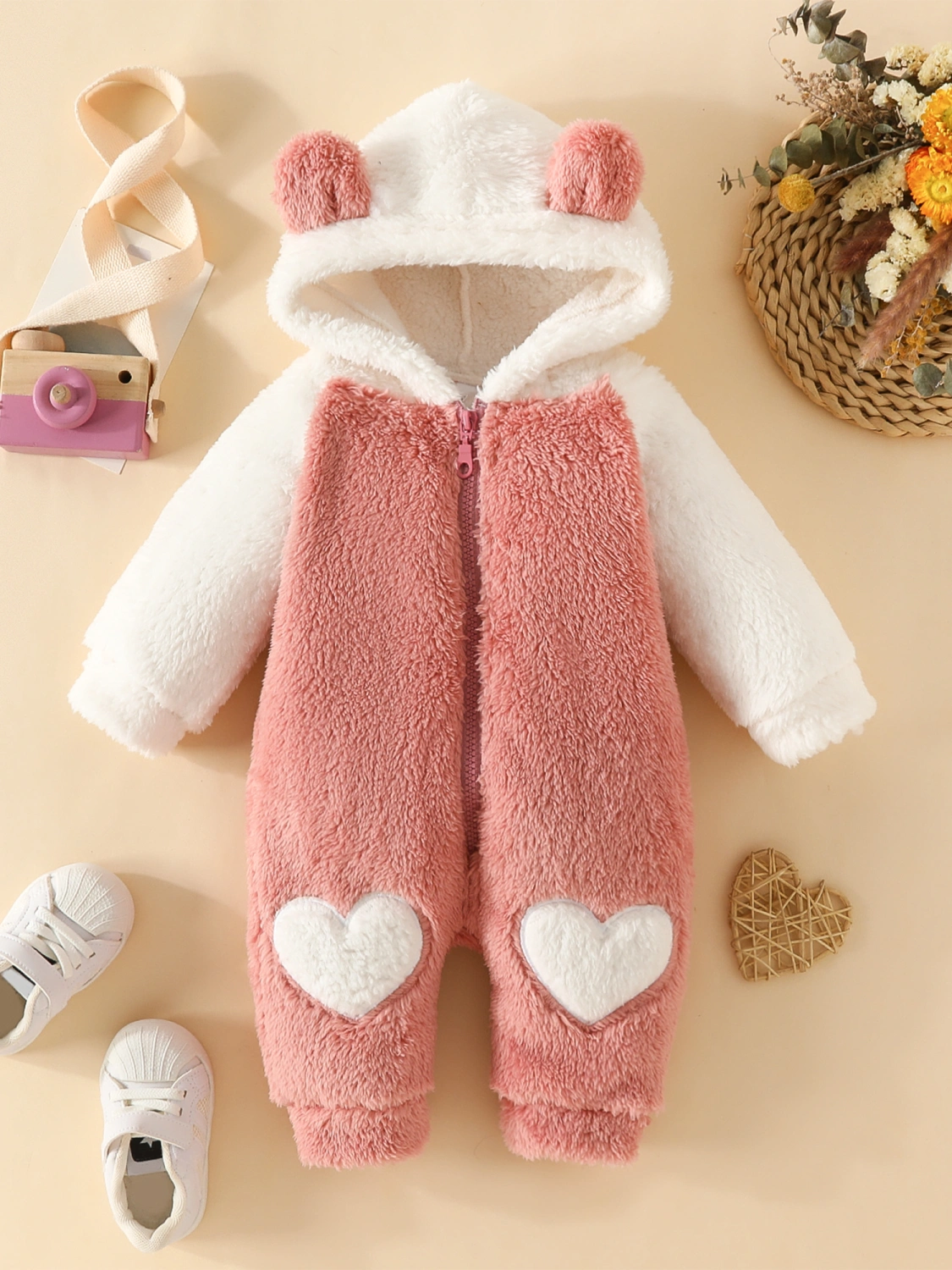 Baby Winter Fuzzy Jumpsuit, Bear Ear Snowsuit Newborn Hooded Romper 