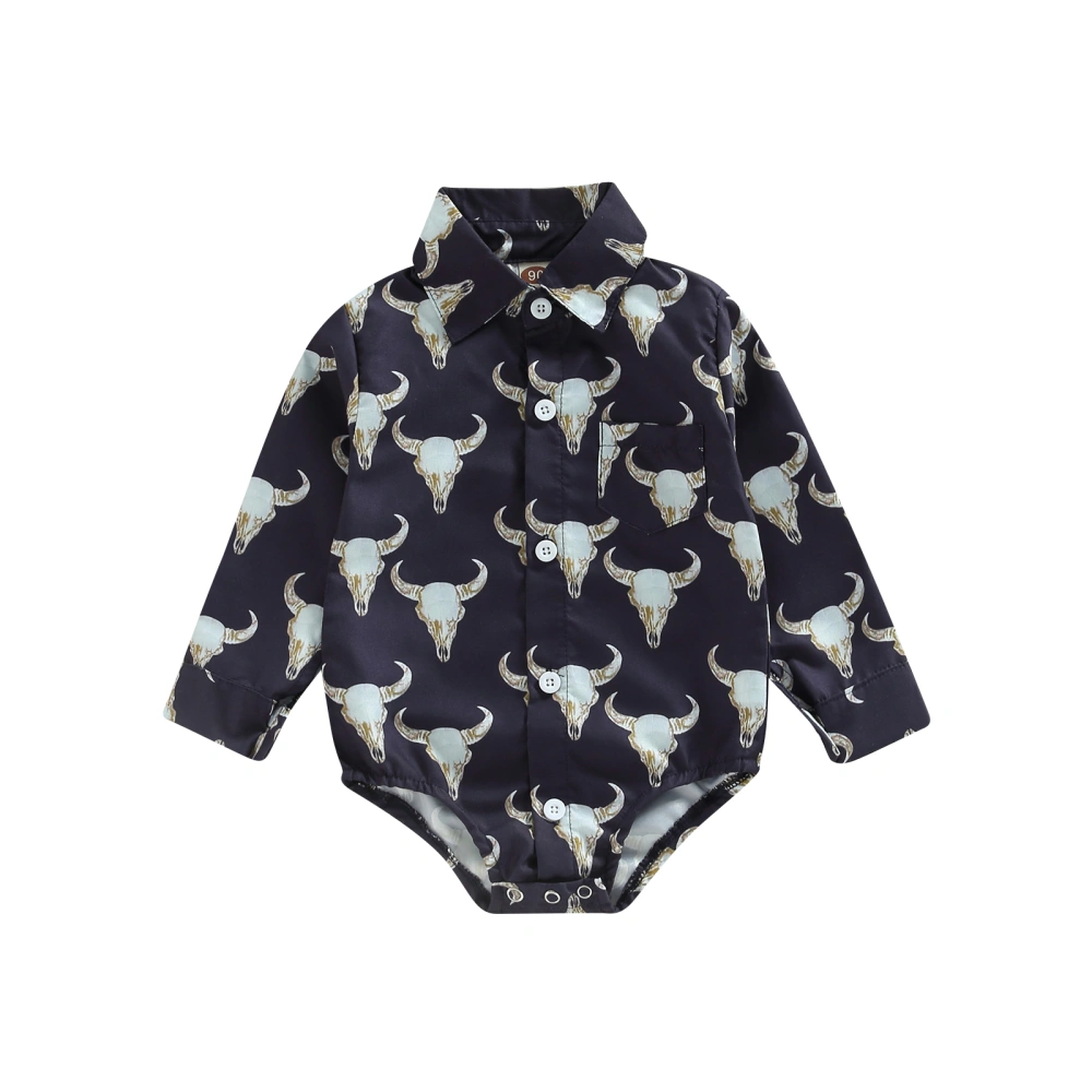 Infant Boy Shirt Jumpsuit, Cartoon Cow Head Print Long Sleeve Romper