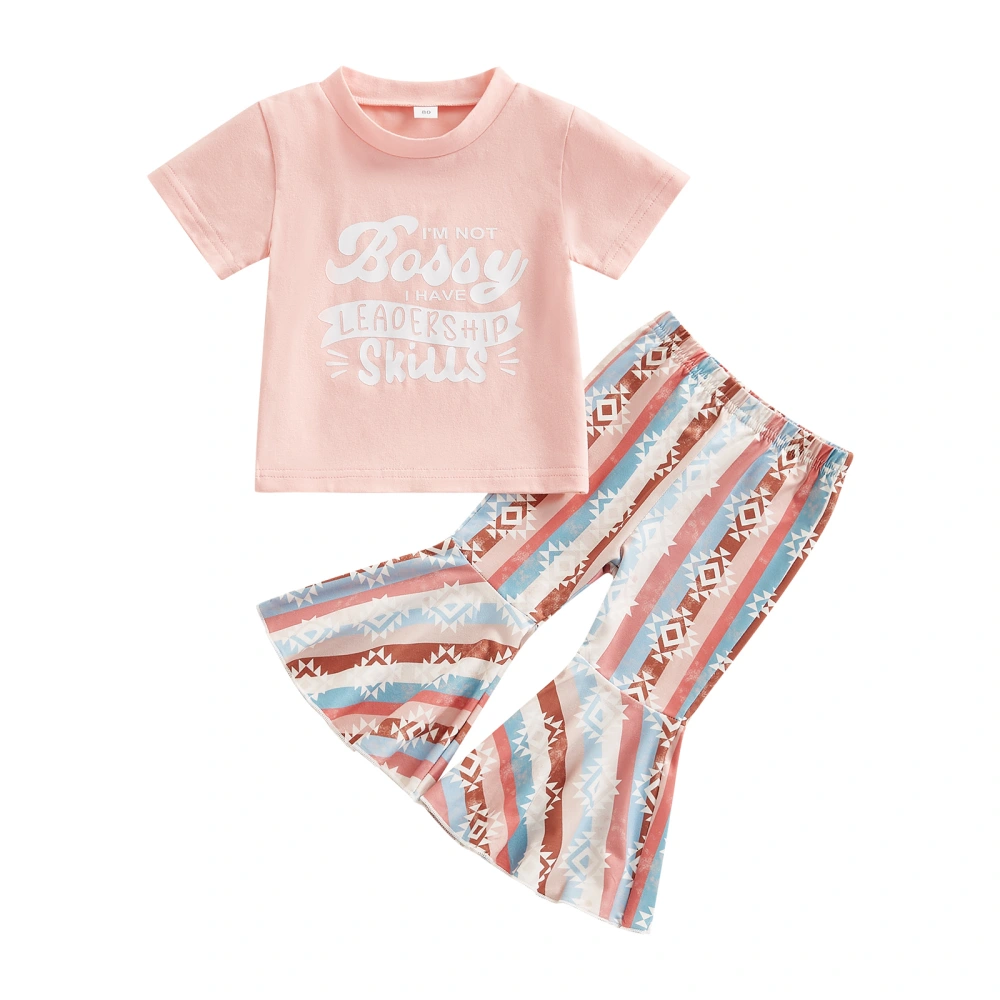 Girls Pants Set, Short Sleeve Letters T-shirt + Striped Flare Pants