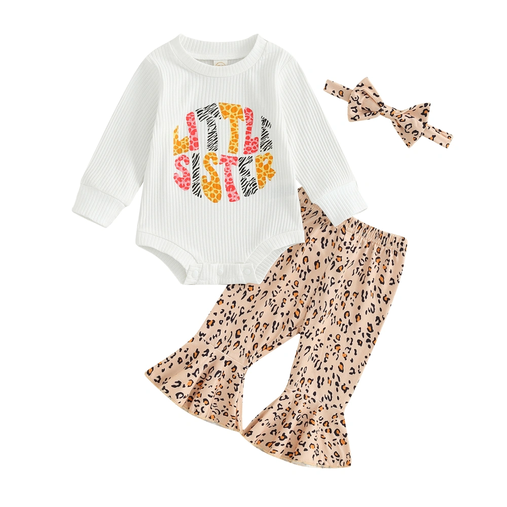 Baby White Letter Print Romper Leopard Print Flared Pants Headband Set