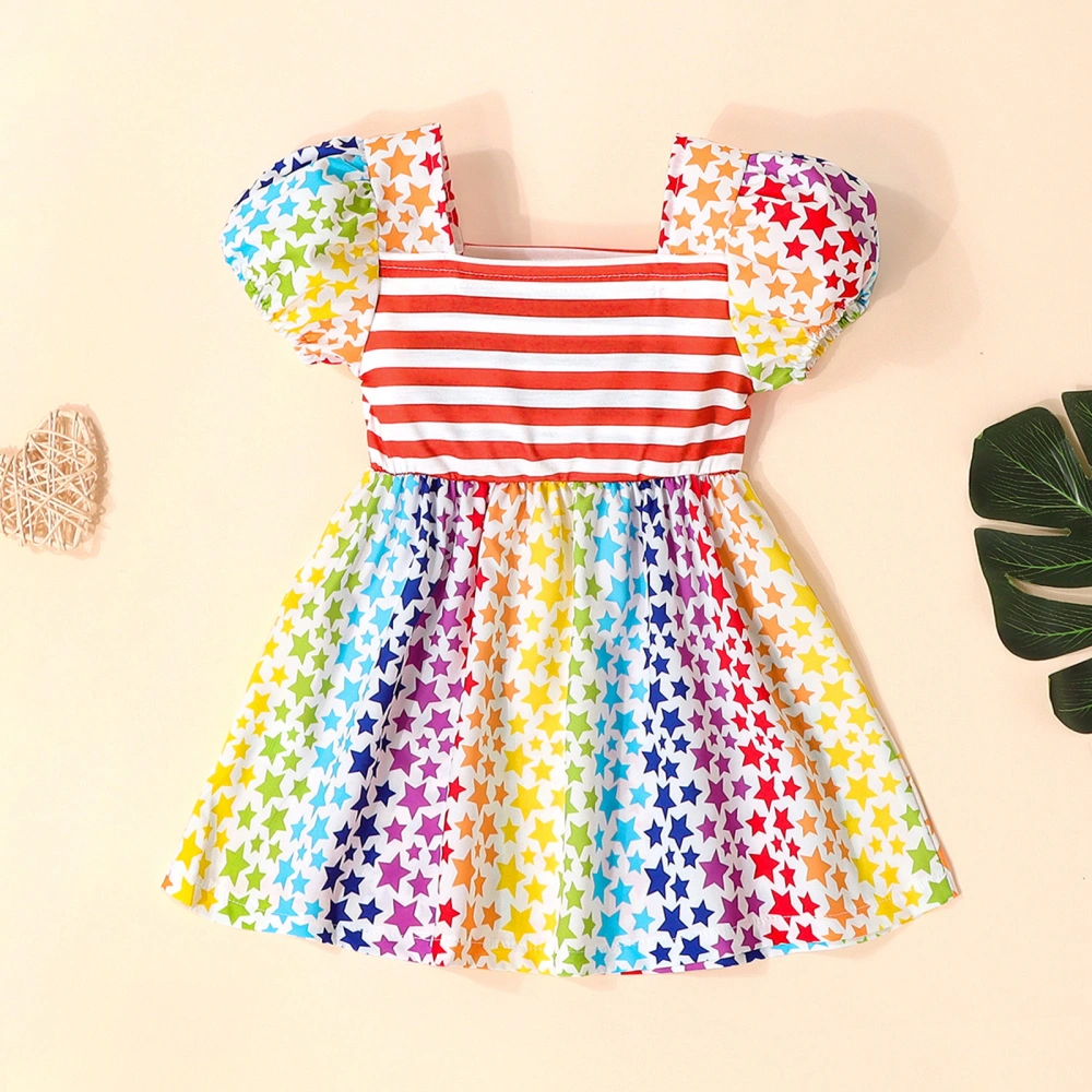 Kids Girl A-Lined Dresses Short Sleeves Square Neck Star Striped Dress