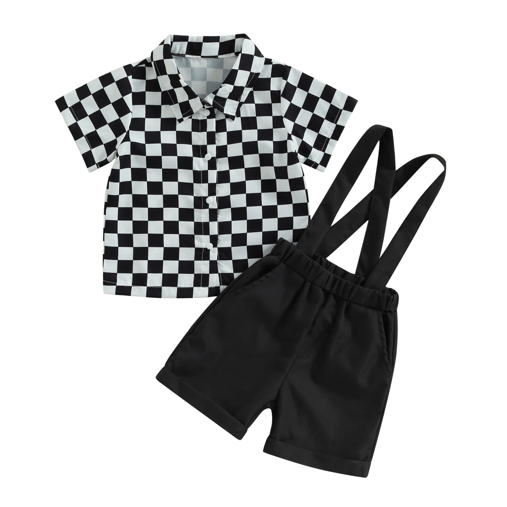 Kids Boys Summer Clothes Checkerboard Print Shirts Straps Shorts