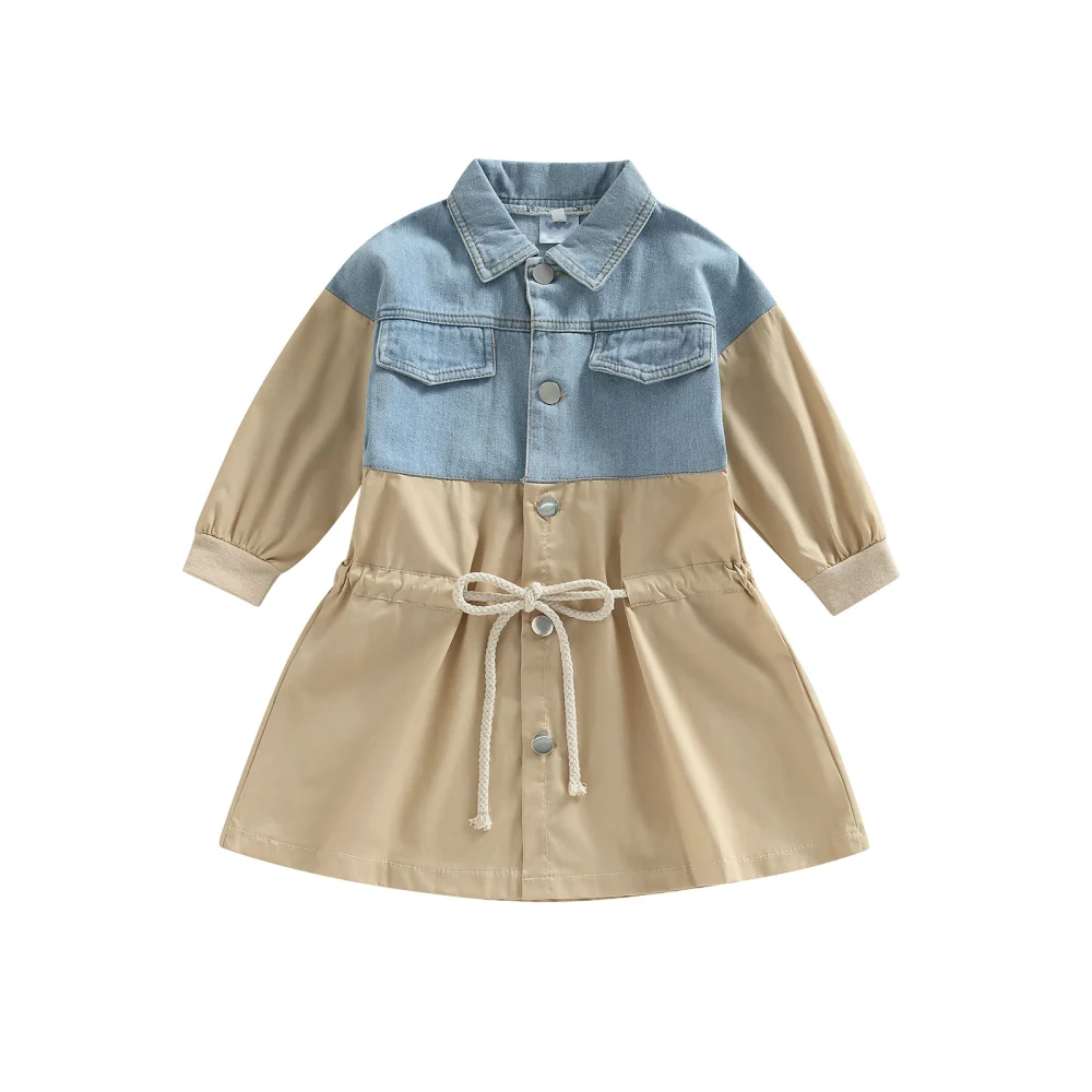 Kid Girl Dress Long Sleeve Lapel Neck Denim Patchwork Dress, Khaki