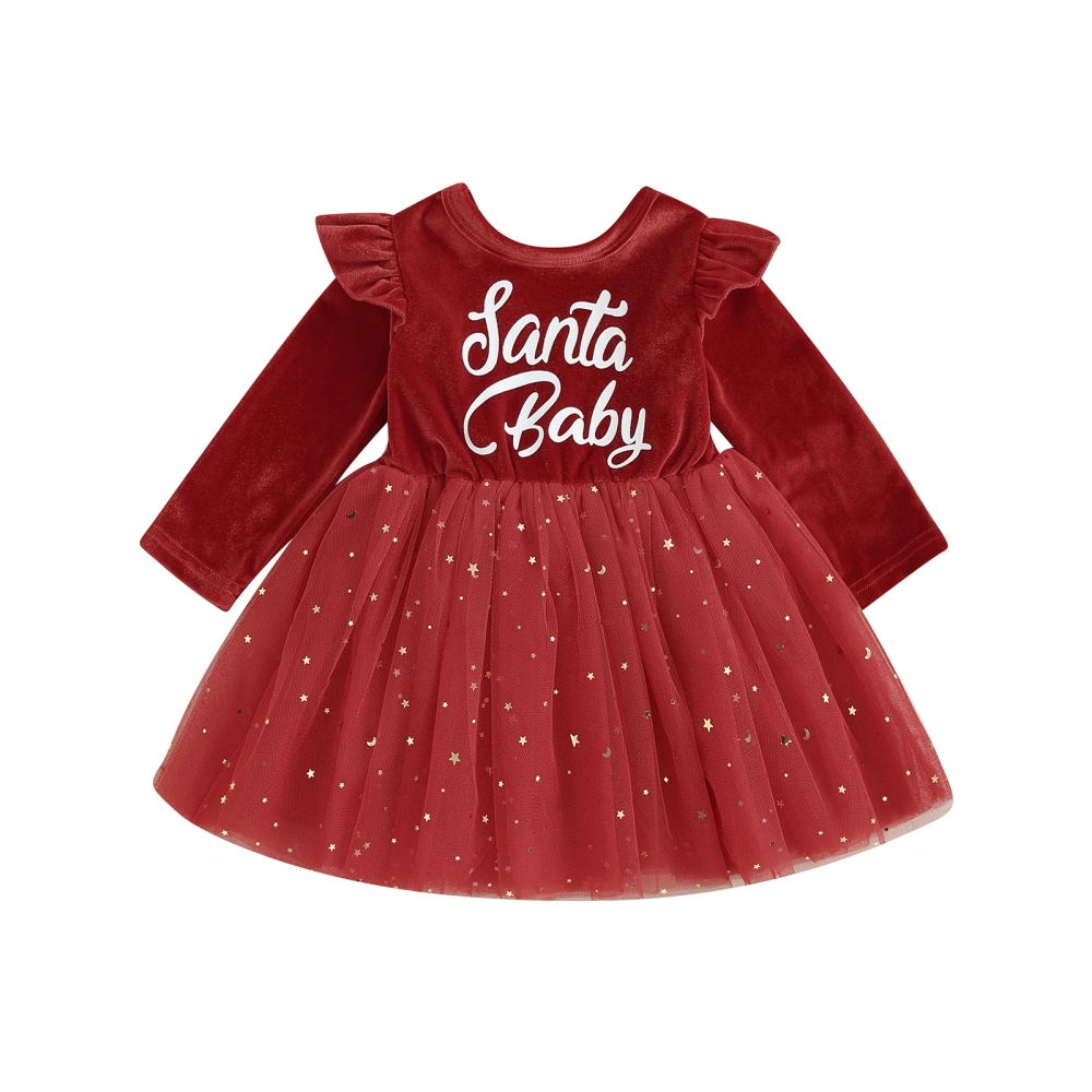 Kids Girl Christmas Dress Letter Print Sequined Mesh Tulle Party Dress