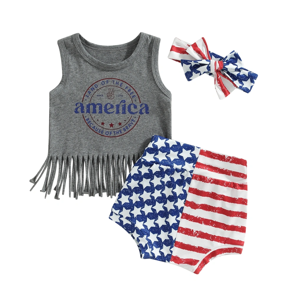 Girls Shorts Set, Letters Tasseled Vest Stars Striped Shorts Hairband