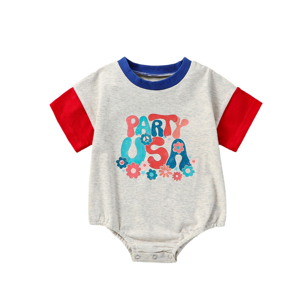 Baby 4th of July Romper, Short Sleeve Flag/Floral Print Bodysuit