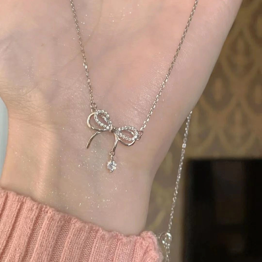 Rhinestone Bow Necklace Dainty Bowknot Pendant Necklace Birthday Gift