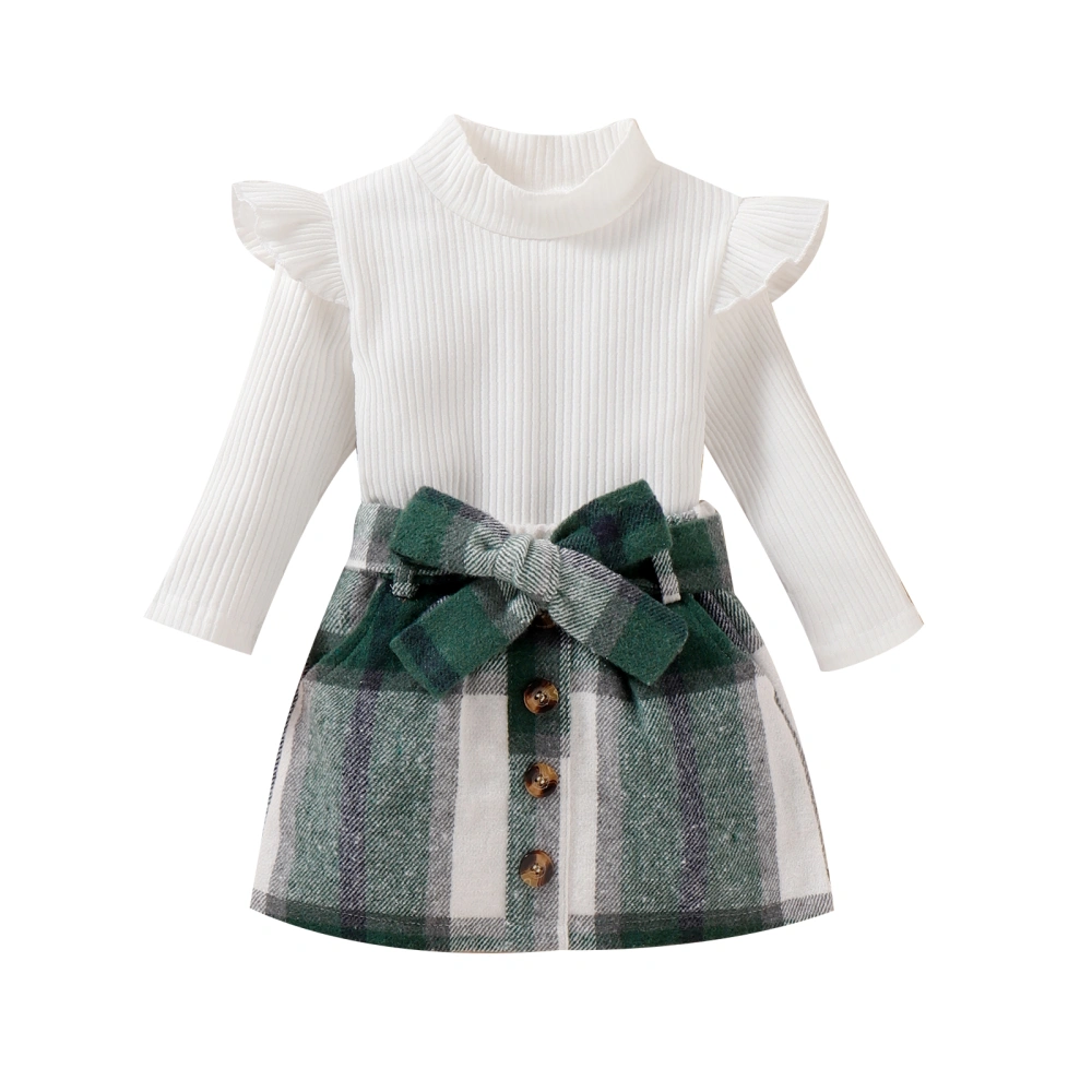 Kids Girl Autumn Outfit Long Sleeves Tops and  Plaid Skirt with Belt