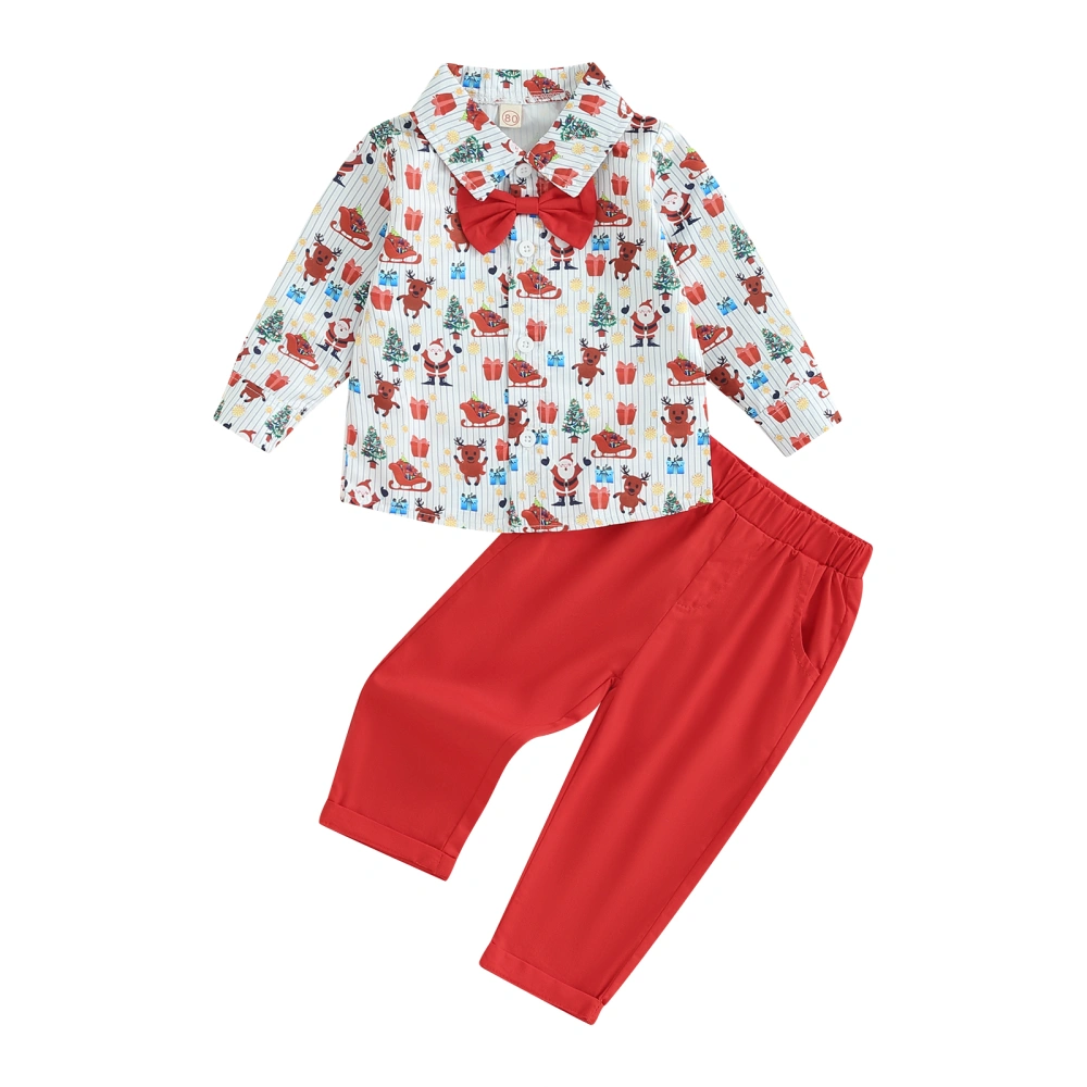 Boys 2-piece Outfit, Long Sleeve Santa Claus Print Bow Tie Shirt Pants