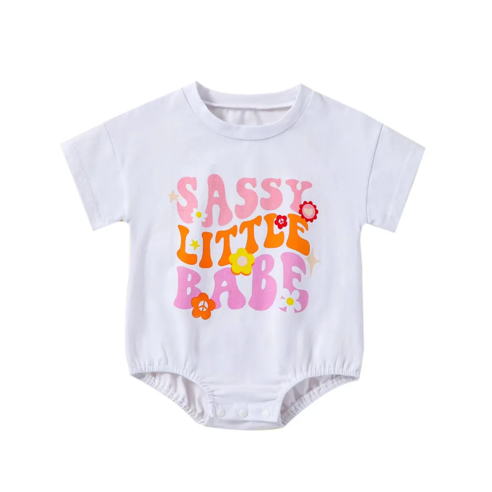 Baby Girls Boys Romper, Short Sleeve Crew Neck Letters Print Bodysuit