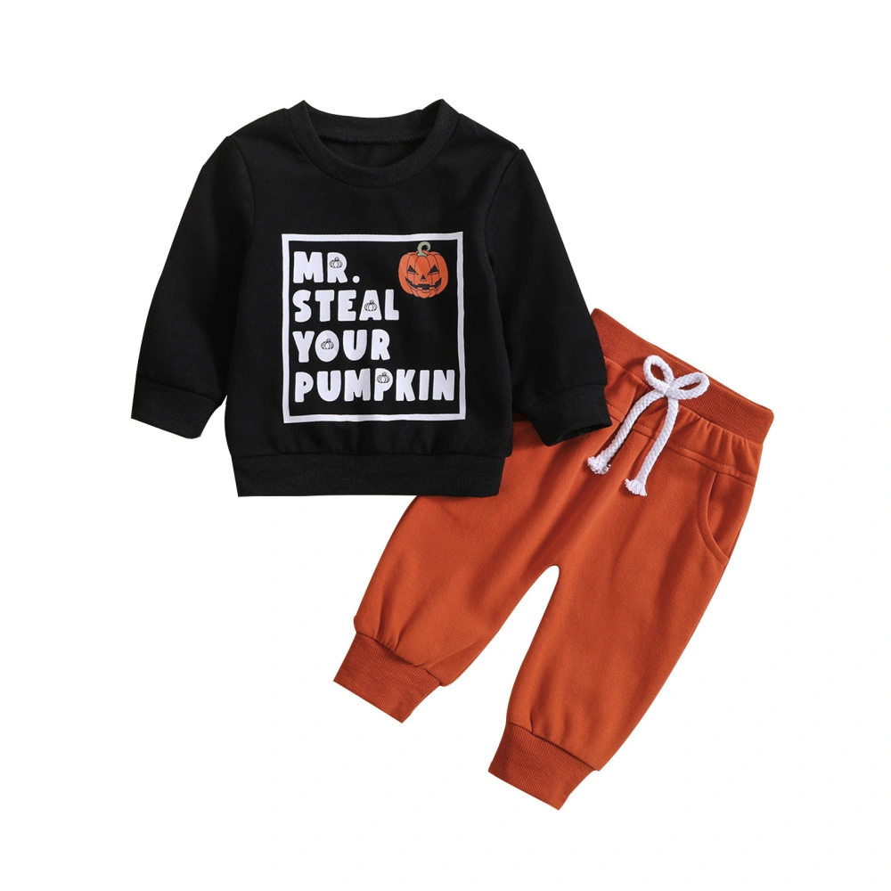 Toddler Boys Fall Outfits Letter Pumpkin Print Sweatshirts Pants Set