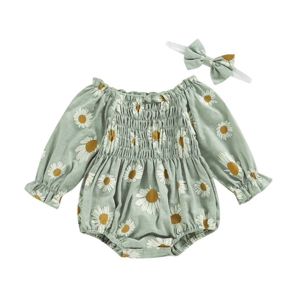 Baby Jumpsuits Outfit Daisy Printed Long Sleeves Romper and Headband 