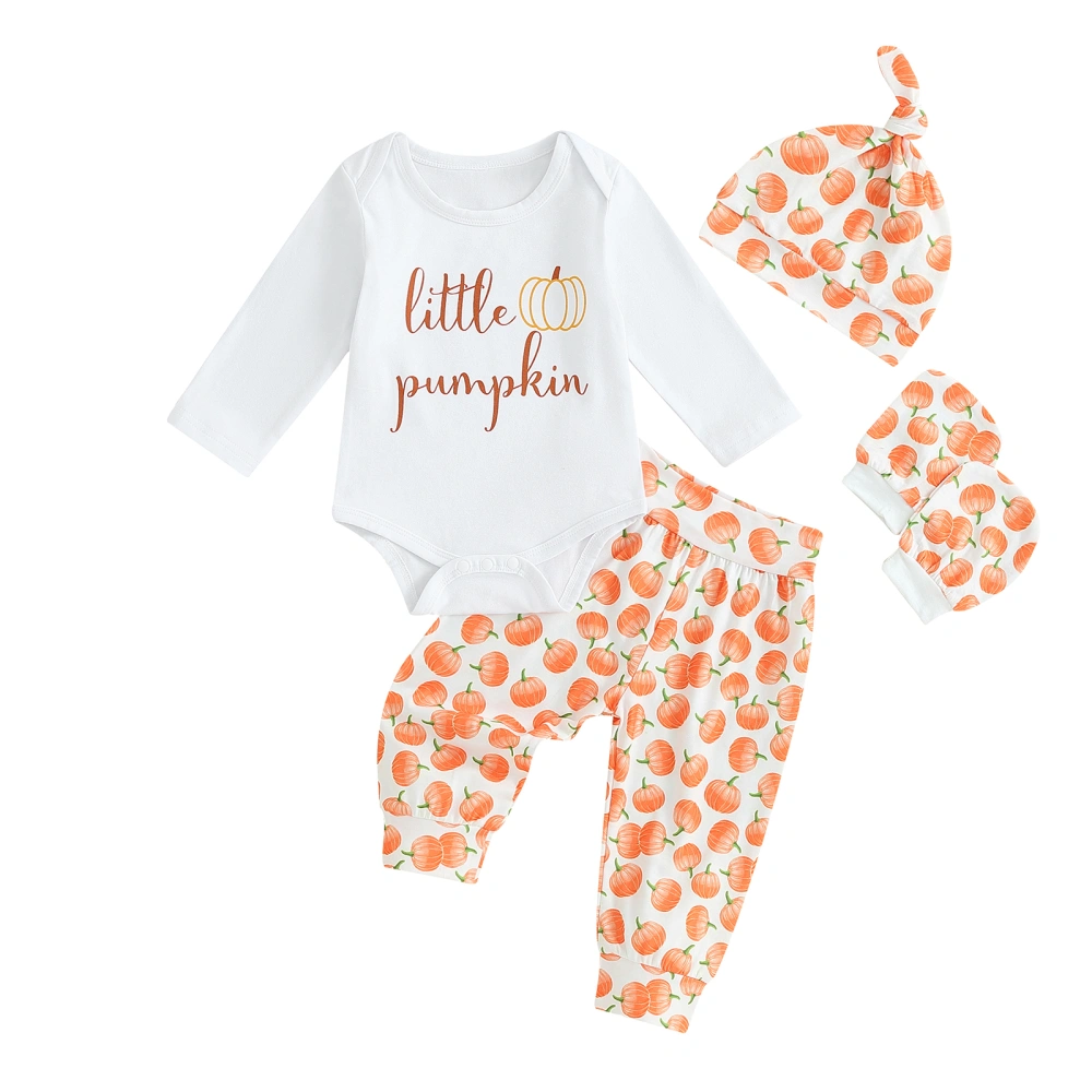 Baby Halloween Long Sleeve Romper + Pumpkin Pants + Hat + Gloves