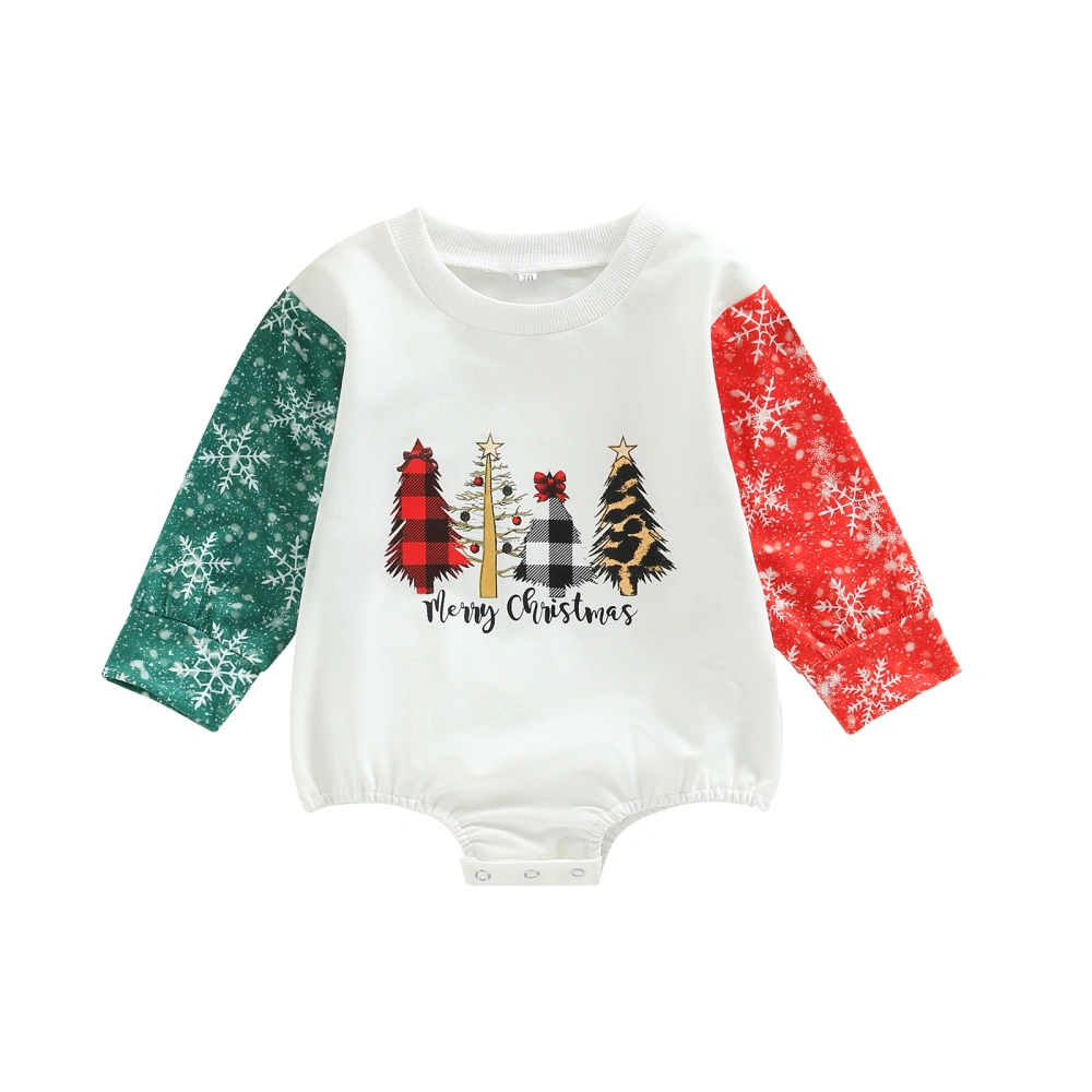 Girls Long Sleeve O Neck Snowflake Christmas Tree Print Romper