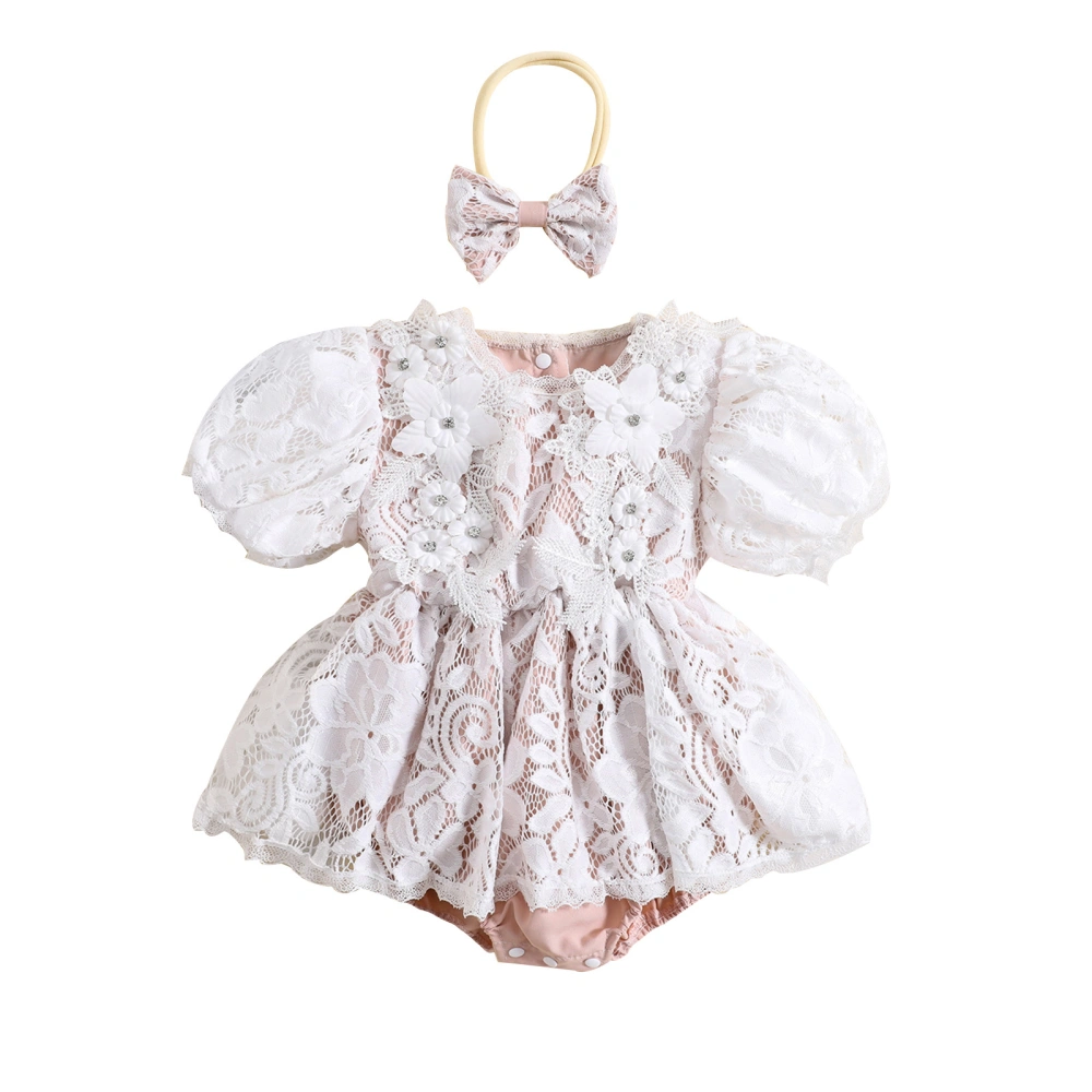 Newborn Girl Outfit, Lace Patchwork Bodysuit with Bowknot Headband