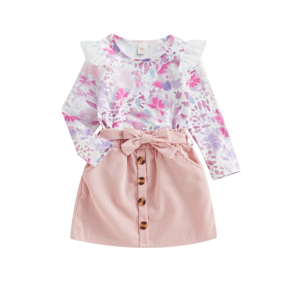 Kids Girls Skirt Set, Long Sleeve Floral T-shirt + Mini Skirt + Belt