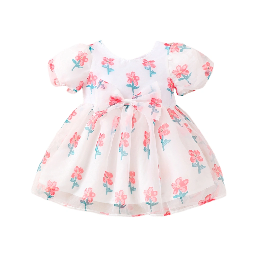 Baby Girls A-line Dress, Short Sleeve Bow Flower Print Chiffon Dress