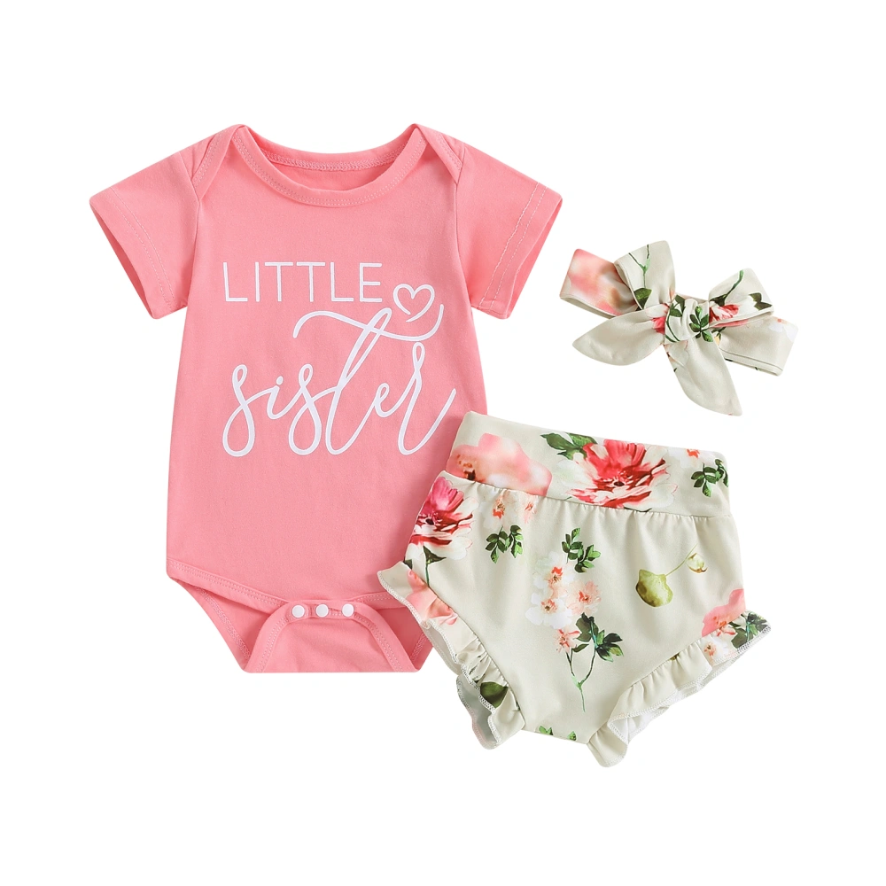 Baby Girl Pink Short Sleeve Romper Floral PP Shorts Headband Sets