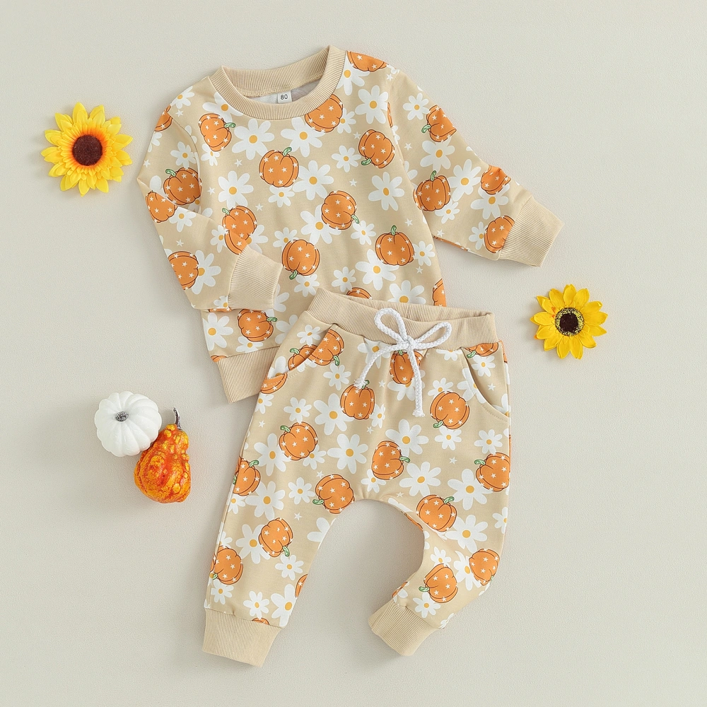 Baby Girls Outfit, Pumpkin Flower Long Sleeve Sweatshirt Sweatpants