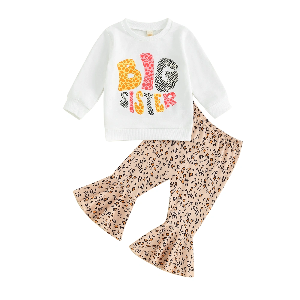 Girls Pants Set, Long Sleeve Letters Sweatshirt Leopard Print Pants