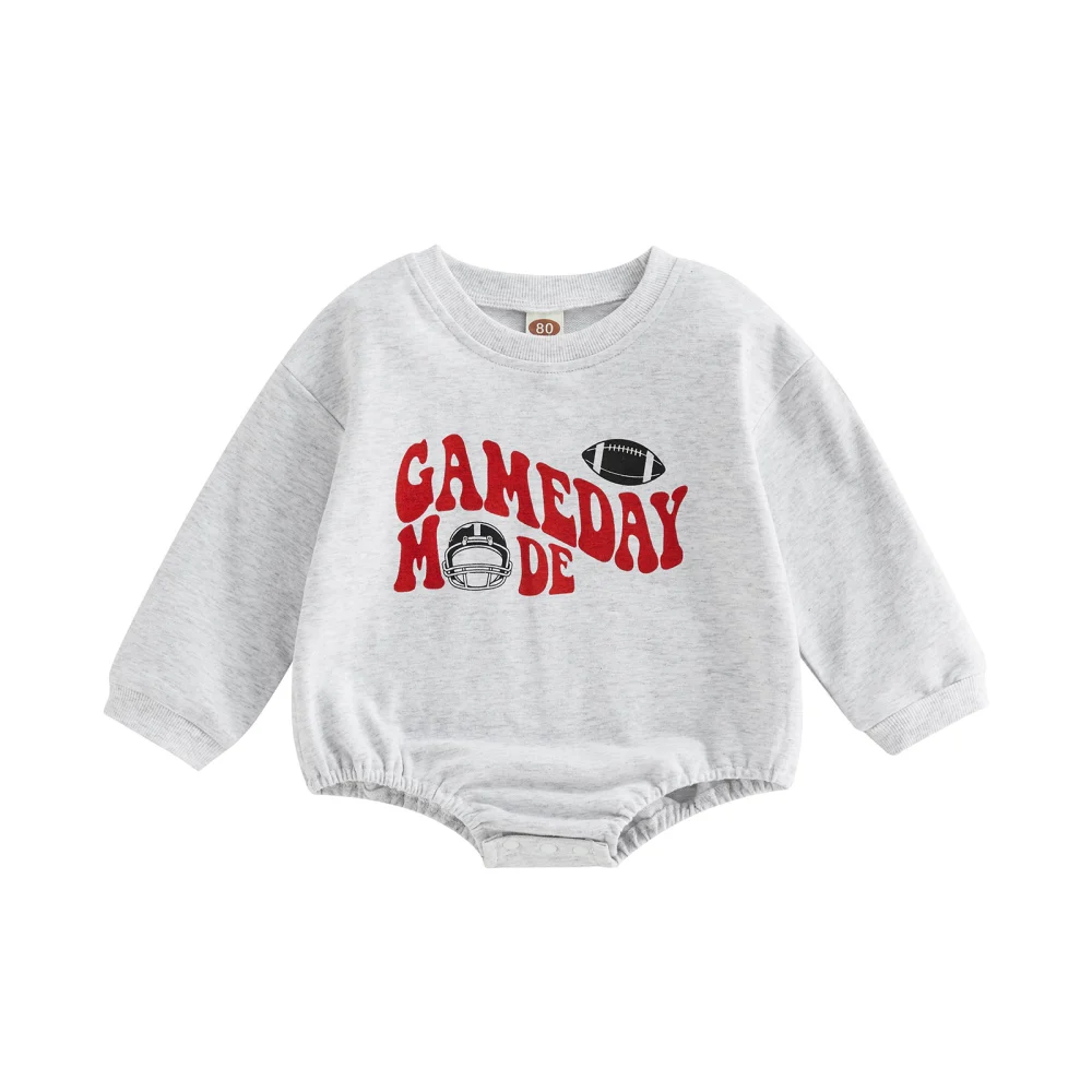 Baby Boys Autumn Gray Long Sleeve O Neck Letter Rugby Print Romper